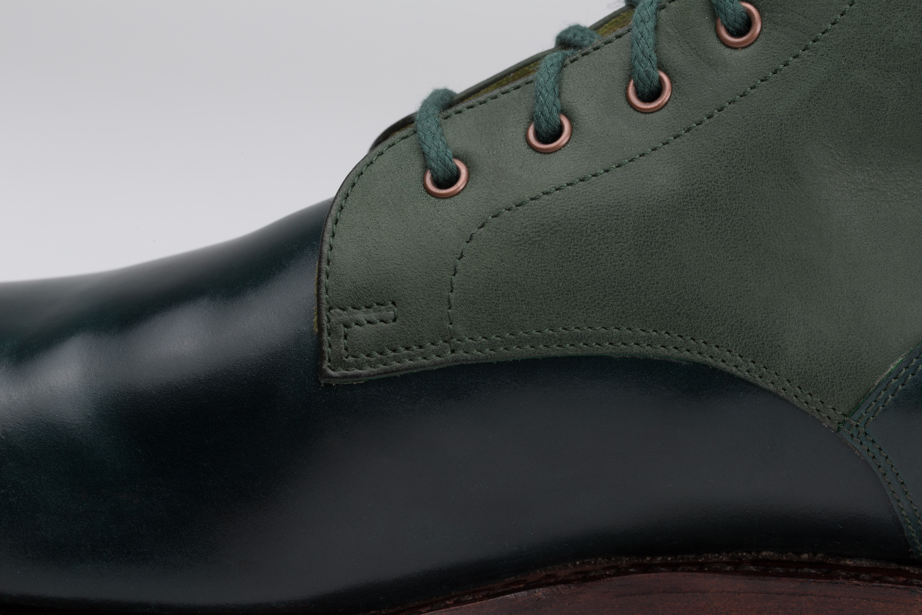 Bespoke green cordovan ankle boot lacing details