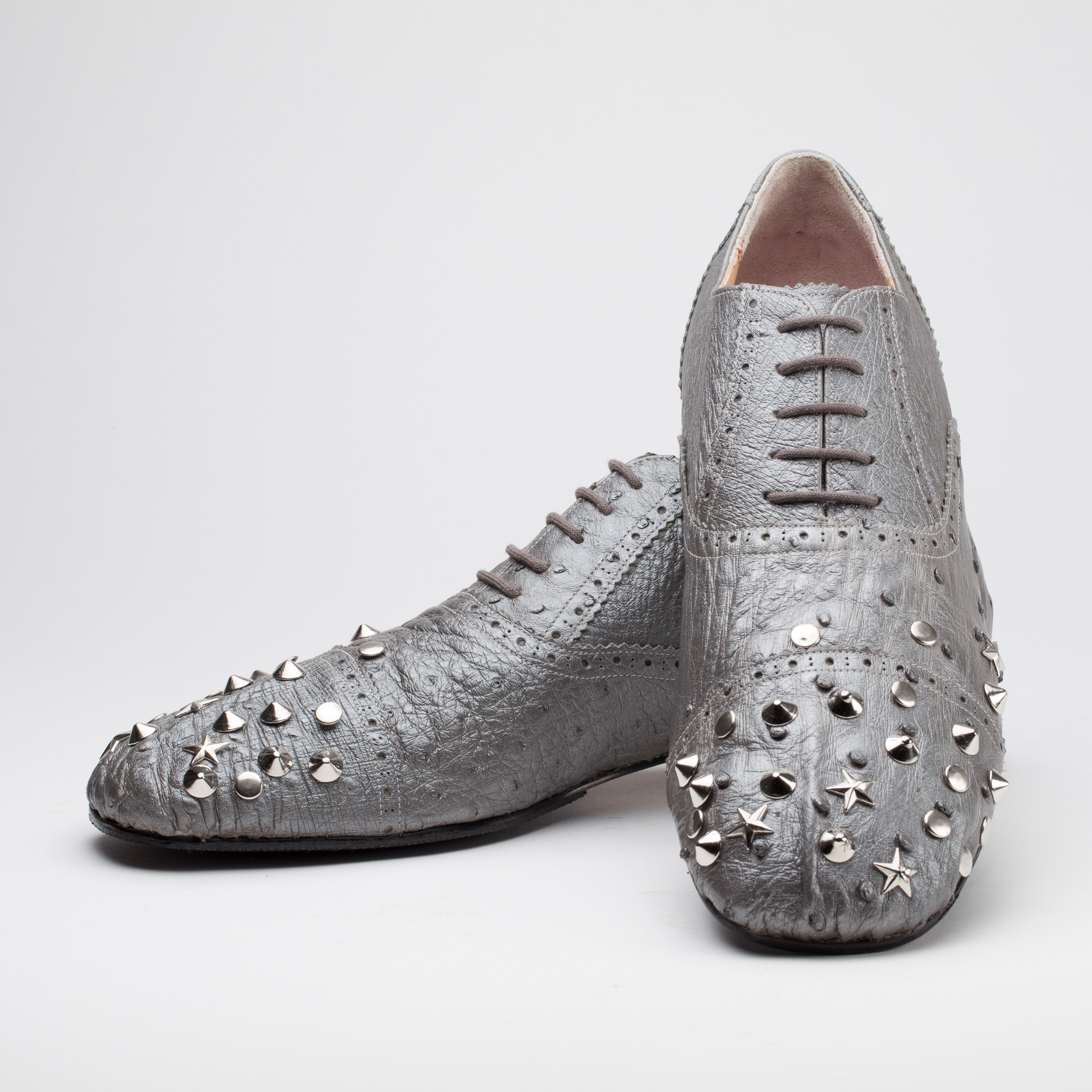 silver ostrich leather bespoke ladies shoes with rivets